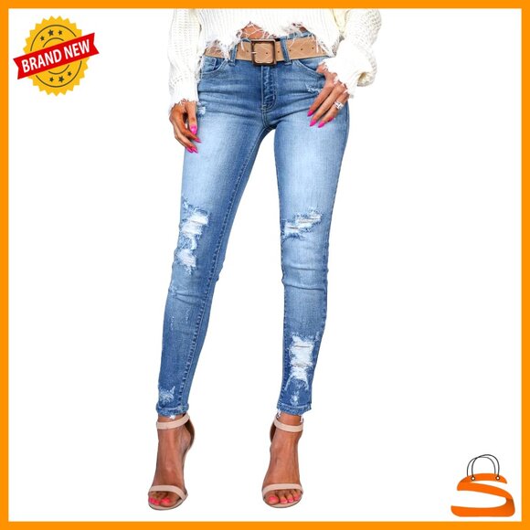 Skinny Ripped Distressed Jeans Stretchy Denim Pants Mid Rise